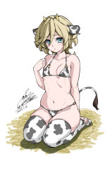 1girl animal_ears animal_print bikini blonde_hair blue_eyes breasts closed_mouth cototiworld cow_ears cow_horns cow_print cow_print_bikini cow_print_thighhighs cow_tail dated dot_mouth elfnein fake_animal_ears fake_horns fake_tail full_body hair_between_eyes highres horns lactation lactation_through_clothes light_blush looking_at_viewer navel open_mouth print_bikini print_thighhighs seiza senki_zesshou_symphogear short_hair signature simple_background sitting skindentation small_breasts solo stomach swimsuit tail thighhighs white_background