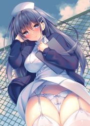 Rule 34 | 1girl, blue cardigan, blue eyes, blue hair, blush, bow, bow panties, breasts, cardigan, cloud, commentary request, cowboy shot, crossed bangs, embarrassed, fence, garter belt, groin, hair ornament, hairclip, hat, holding, lace, lace-trimmed panties, lace trim, large breasts, long hair, looking at viewer, nurse, nurse cap, open cardigan, open clothes, original, panties, sidelocks, sky, smile, sorai shin&#039;ya, thighhighs, underwear, white panties, white thighhighs, wind, wind lift, zettai ryouiki