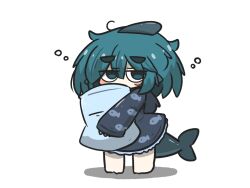 Rule 34 | 1girl, animal print, barefoot, blue eyes, blue hair, blush, chibi, commentary request, covered mouth, dress, fins, fish print, fish tail, fuka-chan, full body, grey dress, hair between eyes, highres, hugging object, long sleeves, looking at viewer, original, pillow, pillow hug, print dress, romaji commentary, shadow, shark tail, short eyebrows, simple background, sleeves past wrists, solo, standing, tail, thick eyebrows, uni souchou, white background