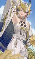 Rule 34 | 1girl, ;d, absurdres, arknights, arm up, armpits, bare shoulders, blonde hair, blue sky, choker, cloud, commentary request, cowboy shot, day, grey eyes, grey hair, hair intakes, head tilt, highres, jewelry, long hair, looking at viewer, multicolored hair, necklace, one eye closed, open mouth, pants, pomerui, shu (arknights), sky, smile, solo, standing, strapless, streaked hair, tube top, very long hair, white pants