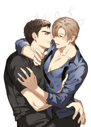 Rule 34 | 2boys, animal ears, arm around neck, black shirt, blonde hair, blue shirt, blush, brown eyes, brown hair, chris redfield, closed eyes, collarbone, commentary, english commentary, facial hair, hair between eyes, highres, hug, jujeop, leon s. kennedy, looking at another, male focus, multiple boys, muscular, open clothes, open shirt, pants, resident evil, shirt, short hair, sketch, tight clothes, tight shirt, white background, yaoi