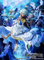 Rule 34 | 1boy, barefoot sandals (jewelry), blue eyes, blue hair, book, bubble, copyright name, dark-skinned male, dark skin, fish, flower, force of will, full body, hair over one eye, jewelry, leaf, male focus, mayo (becky2006), necklace, official art, solo, underwater