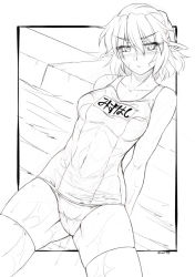 Rule 34 | 1girl, arms behind back, blush, breasts, covered navel, crotch, greyscale, large breasts, lineart, looking at viewer, mizuhashi parsee, monochrome, one-piece swimsuit, ootsuki wataru, outside border, pointy ears, school swimsuit, short hair, signature, skindentation, solo, spread legs, swimsuit, thighhighs, touhou, water, wet, wet clothes, wet swimsuit