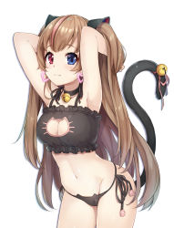 Rule 34 | 1girl, 3.14, :3, animal ears, armpits, arms up, bell, black bra, black panties, blue eyes, bra, breasts, brown hair, cat cutout, cat ears, cat lingerie, cat tail, choker, cleavage, cleavage cutout, cleft of venus, closed mouth, clothing cutout, cowboy shot, earrings, fake animal ears, fang, fang out, girls&#039; frontline, heart, heart earrings, heterochromia, highres, jewelry, jingle bell, leaning forward, long hair, medium breasts, meme attire, mk23 (girls&#039; frontline), multicolored hair, navel, neck bell, panties, red eyes, ribbon, side-tie panties, simple background, solo, streaked hair, tail, tail bell, tail ornament, tail ribbon, two side up, underwear, very long hair, white background