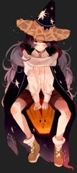 Rule 34 | 1girl, ayabe kihachirou, black background, boots, brown eyes, brown footwear, brown shorts, closed mouth, commentary request, constellation print, frown, full body, hat, highres, ice cream cone, long hair, long sleeves, looking at viewer, male focus, own hands together, purple hair, rakudai ninja rantarou, shirt, shorts, sitting, solo, star (symbol), star print, twice12314, v arms, very long hair, waffle cone, white shirt, witch hat