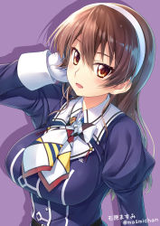 Rule 34 | 1girl, artist name, ascot, ashigara (kancolle), ashigara kai ni (kancolle), brown eyes, brown hair, commentary request, gloves, hairband, ishihara masumi, kantai collection, long hair, looking at viewer, military, military uniform, multicolored neckerchief, multicolored neckwear, neckerchief, purple background, simple background, solo, twitter username, uniform, upper body, wavy hair, white gloves, white hairband