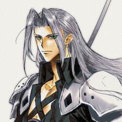 Rule 34 | 1boy, armor, black coat, chest strap, coat, commentary, expressionless, final fantasy, final fantasy vii, green eyes, grey background, grey hair, high collar, highres, holding, holding sword, holding weapon, katana, long bangs, long hair, looking at viewer, male focus, masamune (ff7), moyanwxy, parted bangs, pauldrons, sephiroth, shoulder armor, slit pupils, solo, sword, upper body, weapon