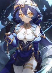 Rule 34 | 1girl, bare shoulders, black gloves, blue hair, breasts, commentary, detached sleeves, drill hair, drill sidelocks, genshin impact, gloves, hair between eyes, highres, hood, ice crystal, layla (genshin impact), long hair, looking at viewer, oyasumi (oyasumign8), parted lips, sidelocks, small breasts, solo, thigh gap, very long hair, yellow eyes