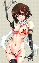 Rule 34 | 10s, 1girl, adapted costume, bad id, bad pixiv id, bikini, bikini pull, black thighhighs, breasts, brown eyes, brown hair, cleavage, clothes pull, cowboy shot, dog tags, elbow gloves, female focus, franz (217franz), gloves, groin, hair ornament, highres, kantai collection, large breasts, looking at viewer, micro bikini, navel, parted lips, pasties, patterned background, scarf, sendai (kancolle), sendai kai ni (kancolle), short hair, single thighhigh, skindentation, smile, solo, speech bubble, strap gap, swimsuit, thighhighs, torpedo, translation request, twitter username, two side up