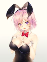 Rule 34 | 1girl, animal ears, bare shoulders, black leotard, blush, bow, bowtie, breasts, cleavage, collarbone, detached collar, eyes visible through hair, fake animal ears, fate/grand order, fate (series), hair over one eye, highres, large breasts, leotard, light purple hair, looking at viewer, mash kyrielight, mellozzo, open mouth, playboy bunny, purple eyes, rabbit ears, red bow, red bowtie, short hair, simple background, smile, solo, strapless, strapless leotard, white background, wrist cuffs
