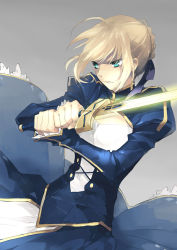 Rule 34 | 1girl, ahoge, artoria pendragon (fate), blonde hair, dress, excalibur (fate/stay night), fate/stay night, fate/zero, fate (series), glowing, glowing sword, glowing weapon, green eyes, ritz dd, saber (fate), skyfly17, solo, sword, weapon