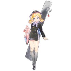 Rule 34 | 1girl, aged down, black footwear, black jacket, black shorts, blonde hair, blue eyes, blush, bracelet, buttons, double-breasted, flat chest, full body, girls&#039; frontline, grey socks, hat, head tilt, holding, holding stuffed toy, jacket, jewelry, kneehighs, looking at viewer, low twintails, mary janes, medium hair, official alternate costume, official art, open mouth, ots-44 (girls&#039; frontline), ots-44 (super piggy) (girls&#039; frontline), rosele, shiny skin, shoes, short eyebrows, short shorts, shorts, socks, solo, stuffed animal, stuffed pig, stuffed toy, tareme, transparent background, twintails, weapon bag