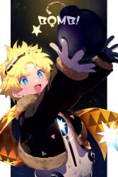 Rule 34 | 1boy, blonde hair, bomb, child, commentary request, echo (circa), english text, explosive, fate/grand order, fate/requiem, fate (series), fur-trimmed jacket, fur trim, gloves, goggles, goggles on head, jacket, long sleeves, male focus, open clothes, open jacket, open mouth, outside border, pillarboxed, scarf, short hair, smile, solo, spacesuit, star (sky), twitter username, voyager (fate), voyager (third ascension) (fate), white gloves, yellow scarf