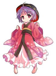 Rule 34 | 1girl, ahoge, alphes (style), barefoot, bowl, breasts, closed mouth, dairi, eyebrows, facing away, frilled kimono, frills, full body, japanese clothes, kimono, leaf, leaf print, long sleeves, looking at viewer, maple leaf, obi, parody, pigeon-toed, pink eyes, pink kimono, purple hair, sash, short hair, small breasts, smile, solo, style parody, sukuna shinmyoumaru, tareme, touhou, transparent background, wide sleeves