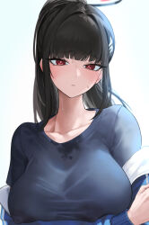 Rule 34 | 1girl, absurdres, arm under breasts, black hair, blue archive, blush, breasts, collarbone, halo, highres, jacket, jacket partially removed, kazane-wind, large breasts, looking at viewer, ponytail, red eyes, rio (blue archive), simple background, solo, sweatdrop, sweaty clothes, track jacket, upper body, white background