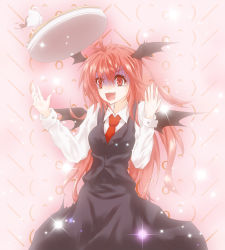 Rule 34 | (^o^)/, 1girl, :d, antenna hair, bat wings, blush, breasts, cup, dress shirt, dropping, emoticon, female focus, hands up, head wings, kamumiya, koakuma, long hair, long sleeves, medium breasts, necktie, open mouth, pink background, red eyes, red hair, red necktie, scared, shirt, skirt, skirt set, smile, solo, sparkle, spilling, teacup, tears, touhou, tray, turn pale, vest, white shirt, wings