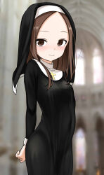 Rule 34 | +++, 1girl, absurdres, black dress, blurry, blurry background, blush, breasts, brown eyes, brown hair, closed mouth, commentary, covered navel, cross, depth of field, dress, forehead, groin, habit, highres, indoors, karakai jouzu no takagi-san, latin cross, long hair, long sleeves, looking at viewer, note2000, nun, parted bangs, small breasts, solo, takagi-san, traditional nun