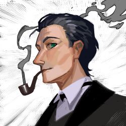 Rule 34 | 1boy, black hair, black suit, bow, bowtie, fate/grand order, fate (series), formal, green eyes, hair slicked back, highres, looking at viewer, male focus, ovsosito, pipe in mouth, profile, sherlock holmes (fate), short hair, smoke, smoking pipe, solo, suit, upper body, white background