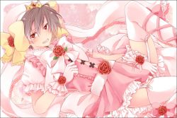 Rule 34 | 10s, 1boy, aikawa ayumu, bad id, bad pixiv id, blush, bow, brown hair, covering privates, crossdressing, crown, dress, flower, garter belt, gloves, hat, kore wa zombie desu ka?, lying, magical girl, male focus, on back, open mouth, pink dress, pink thighhighs, red eyes, ribbon, rose, short hair, silver hair, solo, thighhighs, touya (angelically), white thighhighs