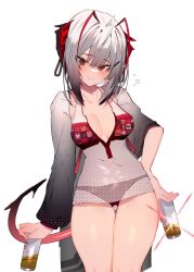 Rule 34 | 1girl, ahoge, antenna hair, arknights, bikini, breasts, can, cleavage, demon horns, demon tail, highres, holding, holding can, horns, large breasts, looking at viewer, red bikini, see-through, short hair, sidelocks, silver hair, simple background, smile, solo, soukou makura, swimsuit, tail, thigh gap, thighs, w (arknights), white background