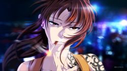Rule 34 | 1girl, black lagoon, brown hair, cigarette, face, highres, holster, long hair, looking at viewer, red eyes, revy (black lagoon), shoulder holster, solo, tattoo