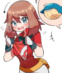 Rule 34 | +++, 1girl, arrow (symbol), blush, breasts, brown hair, collared shirt, commentary request, creatures (company), fang, fanny pack, flying sweatdrops, game freak, gen 3 pokemon, gloves, green eyes, hair between eyes, highres, holding, hyou (hyouga617), looking at viewer, may (pokemon), nintendo, open mouth, pokemon, pokemon rse, popped collar, red shirt, shirt, short sleeves, simple background, skirt, spoken character, sweat, tongue, wailmer, white background, white skirt