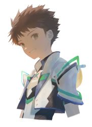 Rule 34 | 1boy, armor, brown eyes, brown hair, chest jewel, cropped torso, fujie-yz, gem, highres, looking at viewer, male focus, rex (xenoblade), shoulder armor, smile, solo, spiked hair, upper body, xenoblade chronicles (series), xenoblade chronicles 2