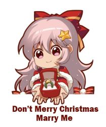 Rule 34 | 1girl, bow, box, christmas, closed mouth, english text, fujiwara no mokou, grey hair, hair between eyes, hair bow, hair ornament, hat, holding, holding box, jewelry, jokanhiyou, long hair, long sleeves, looking at viewer, marriage proposal, multiple bows, red bow, red hat, ring, ring box, santa costume, santa hat, simple background, smile, solo, star (symbol), star hair ornament, touhou, upper body, white background