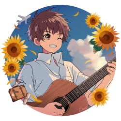 Rule 34 | 1boy, ;d, aircraft, airplane, arisa (aren), border, brown hair, cloud, collared shirt, flower, grin, guitar, highres, holding, holding guitar, holding instrument, instrument, leaf, looking ahead, male focus, one eye closed, open mouth, orange eyes, original, round image, shirt, short hair, short sleeves, signature, smile, solo, suitcase, sunflower, sunglasses, upper body, white border, white shirt, yellow flower