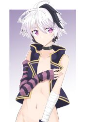 Rule 34 | 1girl, ahoge, bandaged arm, bandages, black choker, black hair, black jacket, blush, choker, closed mouth, commentary request, covering privates, covering breasts, flower (vocaloid), flower (vocaloid4), highres, jacket, light frown, looking at viewer, multicolored hair, navel, no shirt, purple eyes, purple sleeves, sena kizahashi, short hair, single sleeve, sleeveless, sleeveless jacket, solo, streaked hair, striped sleeves, upper body, vocaloid, voiceroid, white hair