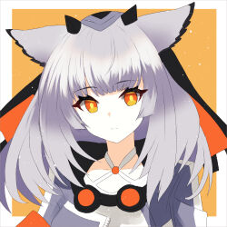 Rule 34 | 1girl, animal ears, arknights, closed mouth, collarbone, dr.lamina, goggles, goggles around neck, grey hair, grey jacket, highres, horns, jacket, long hair, looking at viewer, orange background, orange eyes, ptilopsis (arknights), solo, upper body