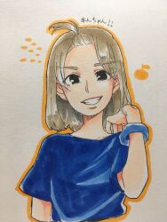 Rule 34 | 1girl, black eyes, blue bracelet, blue shirt, brown hair, collarbone, commentary request, cropped torso, highres, inami anju, kashikaze, looking at viewer, medium hair, musical note, orange outline, real life, shirt, short sleeves, simple background, smile, solo, spoken musical note, topknot, traditional media, translated, upper body, voice actor, white background