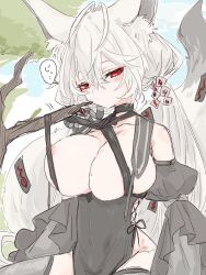 Rule 34 | 1girl, an fyhx, animal ears, antenna hair, areola slip, black dress, black thighhighs, branch, breasts, cleavage, copyright request, dress, fox ears, fox girl, fox tail, grey hair, groin, hair between eyes, hair ornament, highres, large breasts, long hair, looking at viewer, low twintails, mole, mole on breast, nipple slip, nipples, red eyes, sitting, sketch, solo, tail, tail ornament, thighhighs, tree, twintails