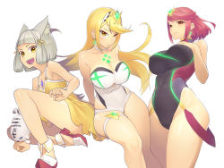 Rule 34 | 3girls, animal ears, ass, bare shoulders, blonde hair, breasts, cat ears, competition swimsuit, dress, flat chest, highres, large breasts, long hair, multiple girls, mythra (radiant beach) (xenoblade), mythra (xenoblade), nia (fancy sundress) (xenoblade), nia (xenoblade), one-piece swimsuit, open mouth, pyra (pro swimmer) (xenoblade), pyra (xenoblade), red eyes, red hair, short hair, silver hair, simple background, skindentation, smile, spoilers, standing, strapless, strapless one-piece swimsuit, sundress, swimsuit, thigh strap, white background, xenoblade chronicles (series), xenoblade chronicles 2, yellow eyes