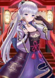 Rule 34 | 1girl, armor, ayaka (genshin impact), black gloves, blue eyes, blue jacket, blue skirt, blunt bangs, blurry, blurry background, blush, breastplate, breasts, closed mouth, collarbone, commentary request, depth of field, genshin impact, gloves, hands up, highres, jacket, lantern, long sleeves, looking at viewer, medium breasts, natsuki (natukituki), open clothes, open jacket, partially fingerless gloves, pleated skirt, ponytail, sidelocks, silver hair, skirt, smile, solo, stairs, vambraces, wide sleeves