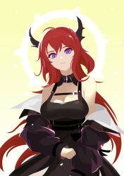 Rule 34 | 1girl, :3, arknights, bare shoulders, belt, black belt, black dress, breasts, chinese commentary, cleavage, commentary request, demon horns, dress, hair between eyes, highres, horns, large breasts, lieyan huangzi, long hair, looking at viewer, off-shoulder dress, off shoulder, partial commentary, purple eyes, red hair, simple background, sleeveless, sleeveless dress, smile, solo, surtr (arknights), upper body, yellow background