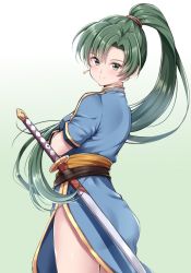 Rule 34 | 1girl, cowboy shot, fire emblem, fire emblem: the blazing blade, gradient background, green background, green eyes, green hair, jiino, long hair, looking at viewer, lyn (fire emblem), nintendo, ponytail, scabbard, sheath, sheathed, smile, solo, standing, sword, thighs, very long hair, weapon, white background