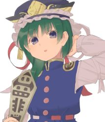 Rule 34 | 1girl, :o, arm behind head, bad id, bad twitter id, blue dress, blue eyes, dress, frilled hat, frills, green hair, grey shirt, hair ribbon, hand up, hat, highres, holding, long sleeves, looking at viewer, parted lips, red ribbon, ribbon, sasa kichi, shiki eiki, shirt, simple background, solo, touhou, upper body, white background