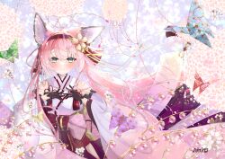 Rule 34 | 1girl, absurdres, animal ears, artist name, azur lane, bare shoulders, black gloves, blush, cherry blossoms, closed mouth, commentary request, detached sleeves, flower, fox ears, fox girl, fox tail, gloves, green eyes, hair flower, hair ornament, hairband, hairpin, hanazuki (azur lane), highres, japanese clothes, kimono, long hair, nako nya, obi, origami, paper butterfly, paper crane, pink hair, pink kimono, red hairband, sash, signature, smile, solo, standing, tail, upper body, very long hair, wind, wind lift