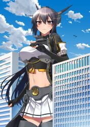 Rule 34 | 1girl, bird, black gloves, black hair, black thighhighs, breasts, brown eyes, building, closed mouth, cloud, day, floating headgear, garter straps, giant, giantess, gloves, hair between eyes, headgear, highres, kantai collection, large breasts, long hair, looking at viewer, machi (ritovoyage), midriff, miniskirt, nagato (kancolle), nagato kai ni (kancolle), outdoors, partially fingerless gloves, pleated skirt, skirt, sky, solo, sweat, tassel, thighhighs, twitter username, white skirt