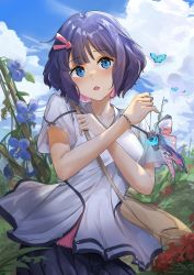 Rule 34 | 1girl, absurdres, bag, blouse, blue eyes, bug, butterfly, cloud, contrapposto, cowboy shot, day, handbag, highres, insect, mizo, original, outdoors, pleated skirt, purple hair, shirt, short hair, skirt, sky, solo, tagme, white shirt, x arms