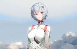 Rule 34 | 1girl, ayanami rei, blue hair, bodysuit, breasts, cassette player, cloud, highres, holding, interface headset, looking at viewer, looking to the side, neon genesis evangelion, own hands together, plugsuit, red eyes, short hair, sin9, sky, solo, turtleneck, upper body, white bodysuit