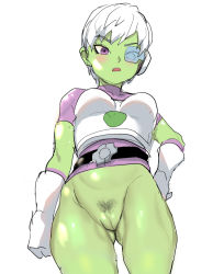 Rule 34 | 1girl, armor, azuse neko, belt, blush, bottomless, breastplate, breasts, cheelai, cleft of venus, colored skin, covered collarbone, cowboy shot, dragon ball, dragon ball super, female focus, female pubic hair, from below, gloves, green-tinted eyewear, green skin, hand on own hip, legs apart, looking at viewer, looking down, open mouth, pubic hair, purple eyes, pussy, scouter, shirt, short hair, short sleeves, simple background, skin tight, solo, standing, tinted eyewear, turtleneck, uncensored, white background, white gloves, white hair