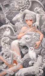 Rule 34 | 1girl, bird, bracelet, chromatic aberration, dress, earrings, feathered wings, feet out of frame, flower, grey hair, highres, jewelry, limited palette, lion, long hair, looking at viewer, minami (minami373916), original, owl, red eyes, ring, snake hair, solo, statue, white dress, wings