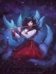 Rule 34 | 1girl, ahri (league of legends), animal ears, artist name, black hair, downscaled, facial mark, flute, fox ears, fox tail, full body, grass, hanbok, highres, instrument, korean clothes, league of legends, long hair, long sleeves, looking at viewer, md5 mismatch, multiple tails, music, outdoors, petals, playing instrument, poenatsha yuen, resized, revision, signature, solo, tail, watermark, whisker markings, wind, yellow eyes