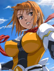 Rule 34 | 00s, 1girl, breasts, cleavage cutout, clothing cutout, cloud, covered erect nipples, day, large breasts, looking away, my-hime, my-otome, nigou, orange hair, orange shirt, red scarf, scarf, shirt, short hair, sky, solo, tokiha mai