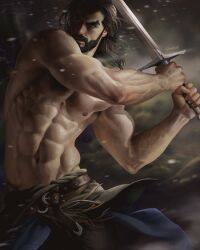 Rule 34 | 1boy, abs, aenaluck, artist name, bara, beard, belt, black hair, black pants, brown belt, carlnes (aenaluck), closed mouth, facial hair, highres, holding, holding sword, holding weapon, large pectorals, male focus, muscular, muscular male, navel, nipples, original, pants, pectorals, short hair, solo, sword, topless male, weapon