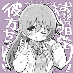 Rule 34 | 1girl, ;o, blush, chibi, commentary, dated, greyscale with colored background, hair ornament, hairpin, konoe kanata, long hair, looking at viewer, love live!, love live! nijigasaki high school idol club, lowres, mezashi (mezamashi set), nijigasaki school uniform, one eye closed, purple background, school uniform, signature, solo, translation request, wavy hair