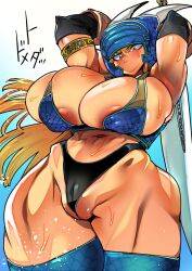 Rule 34 | 1girl, adapted costume, alternate breast size, alternate muscle size, areola slip, armlet, armor, arms behind back, ass, bikini armor, black gloves, black panties, breasts, brown hair, bursting breasts, daisy (dq), dragon quest, dragon quest yuusha abel densetsu, gloves, huge ass, huge breasts, kemonono (inchiki dou), long hair, muscular, muscular female, panties, serious, standing, sweat, sword, thick thighs, thighs, underwear, weapon