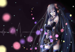Rule 34 | 1girl, absurdres, asymmetrical waveform, bare shoulders, black thighhighs, blue eyes, blue hair, blurry, cat, circle, dark, detached sleeves, glowing, hair ornament, hatsune miku, headphones, highres, holding, hug, light particles, long hair, looking at viewer, matching hair/eyes, microphone, necktie, open mouth, pleated skirt, shirt, shy (953416992), skirt, sleeveless, sleeveless shirt, solo, tattoo, thighhighs, treble clef, twintails, very long hair, vocaloid, waveform, zettai ryouiki